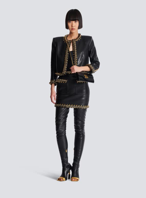 Balmain Paris Jupe Courte En Cuir D'agneau Avec Chaînes Noir - Femme