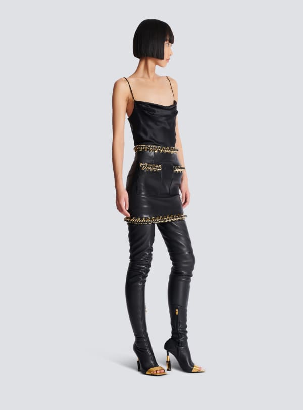 Balmain Paris Jupe Courte En Cuir D'agneau Avec Chaînes Noir - Femme