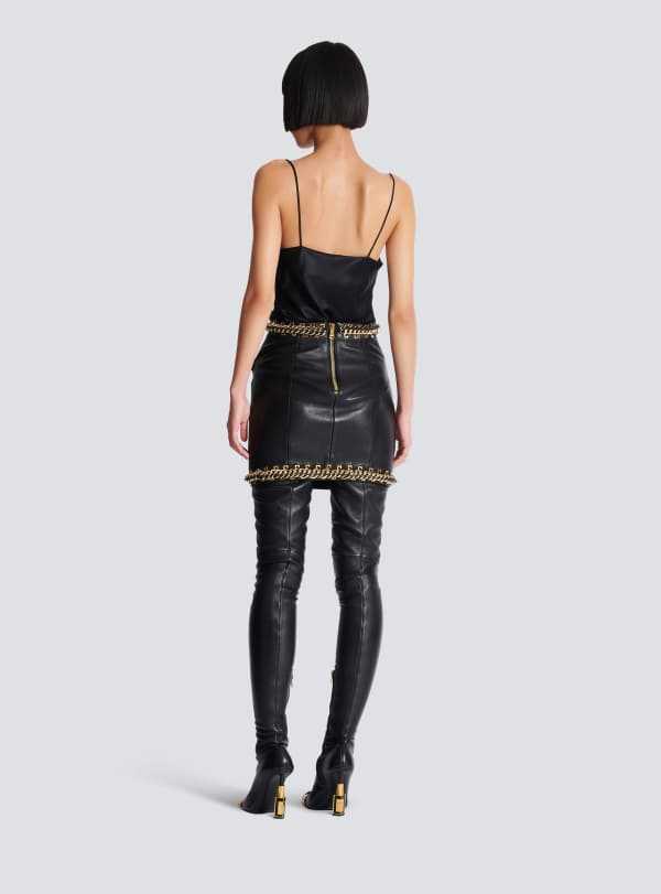 Balmain Paris Jupe Courte En Cuir D'agneau Avec Chaînes Noir - Femme