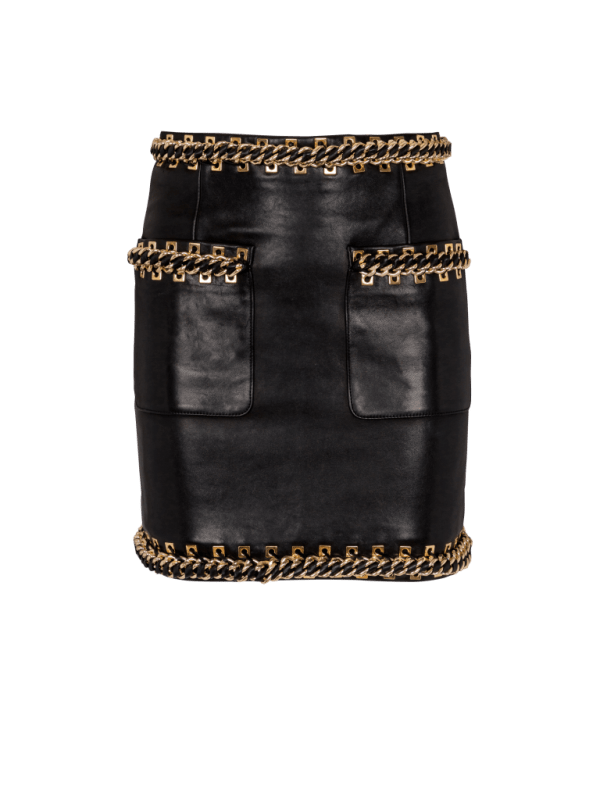 balmain paris Jupe courte en cuir d'agneau avec chaînes noir - Femme