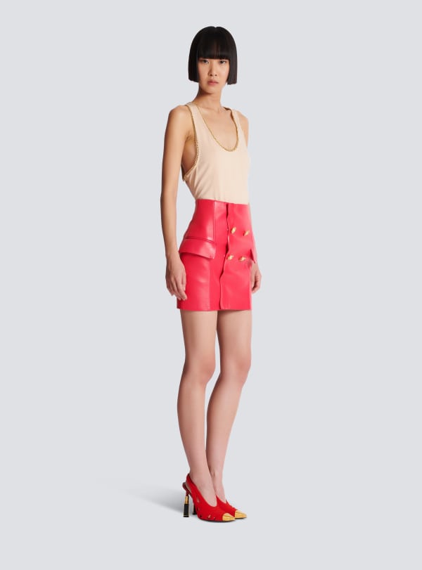 Balmain Paris Jupe Courte En Cuir D'agneau Rose - Femme