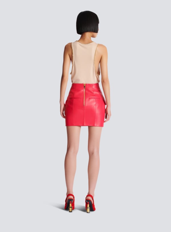 Balmain Paris Jupe Courte En Cuir D'agneau Rose - Femme