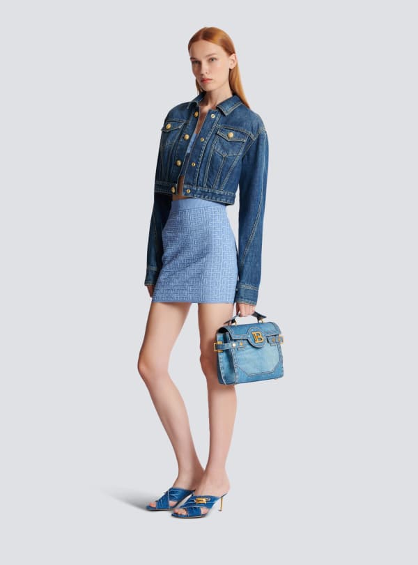 Balmain Paris Jupe Courte En Maille à Monogramme PB Labyrinthe Bleu - Femme