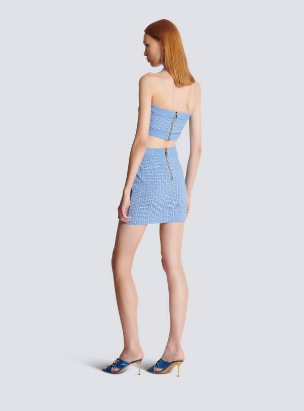 Balmain Paris Jupe Courte En Maille à Monogramme PB Labyrinthe Bleu - Femme