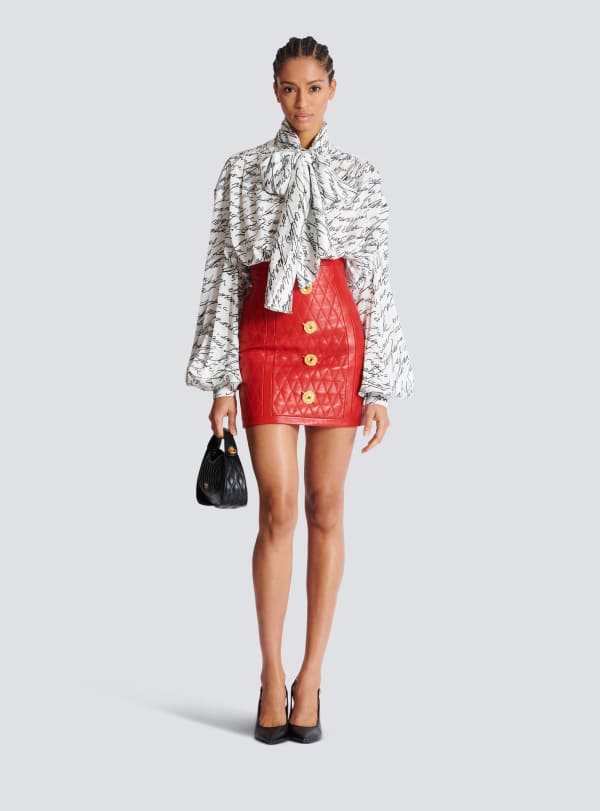 Balmain Paris Jupe En Cuir D'agneau Surpiqué à Motif Diamond Rouge - Femme