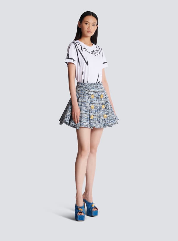 Balmain Paris Jupe évasée à Plis En Tweed Bleu - Femme