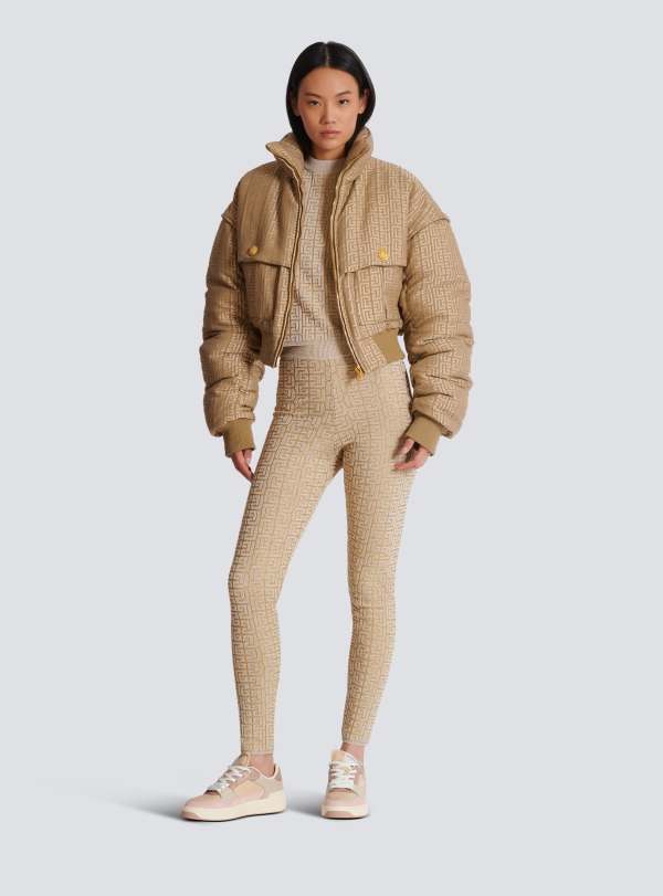 Balmain Paris Legging En Maille Monogramme PB Labyrinthe Beige - Femme