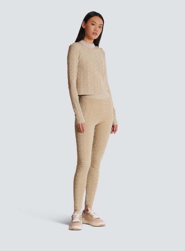 Balmain Paris Legging En Maille Monogramme PB Labyrinthe Beige - Femme