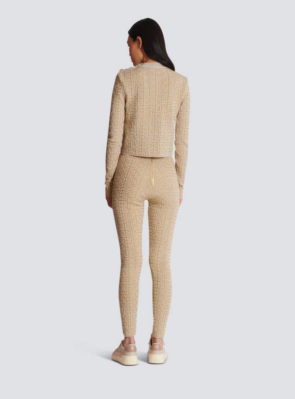 Balmain Paris Legging En Maille Monogramme PB Labyrinthe Beige - Femme