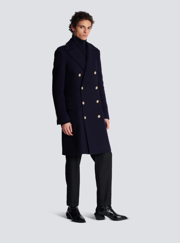 Balmain Paris Manteau En Double Laine Feutrée Bleu Marine - Homme