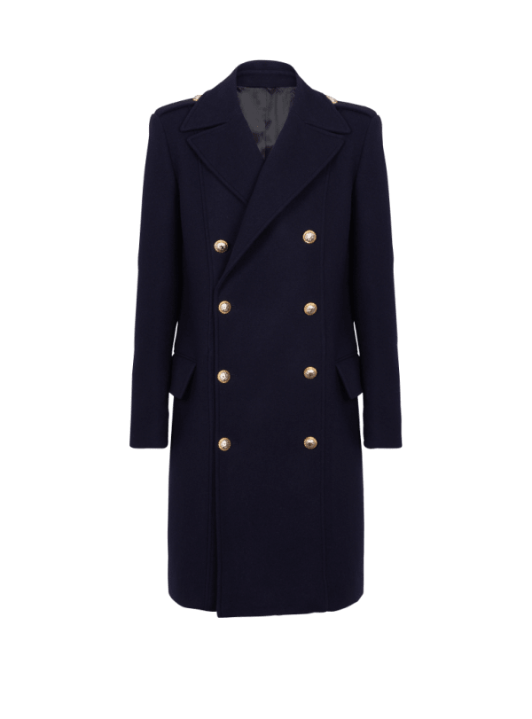 balmain paris Manteau en double laine feutrée bleu marine - Homme
