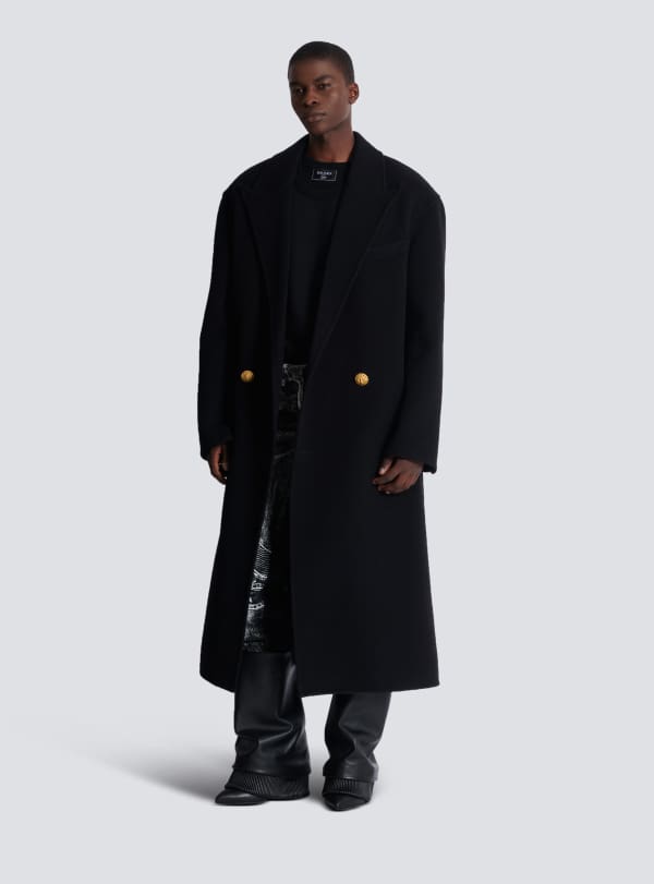 Balmain Paris Manteau Long En Laine Double Face Noir - Homme