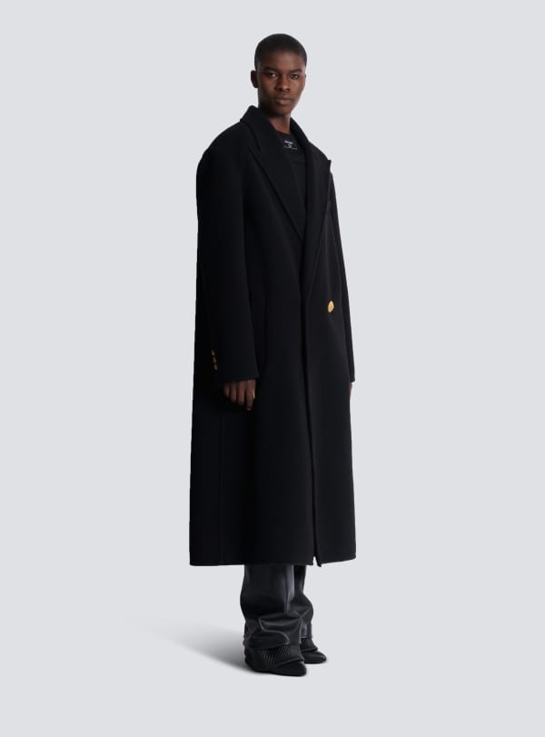 Balmain Paris Manteau Long En Laine Double Face Noir - Homme