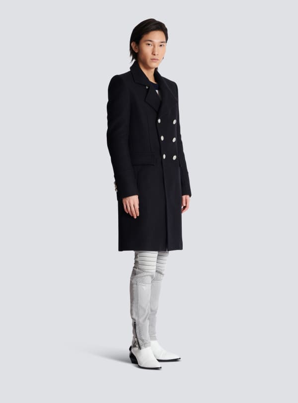 Balmain Paris Manteau Officier En Laine Vierge Noir - Homme