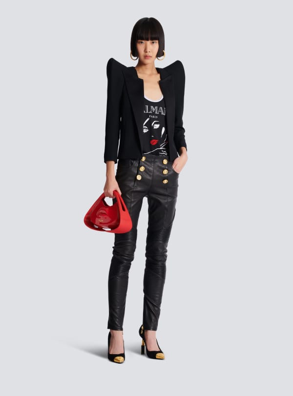 Balmain Paris Pantalon Biker Slim En Cuir D'agneau Noir - Femme