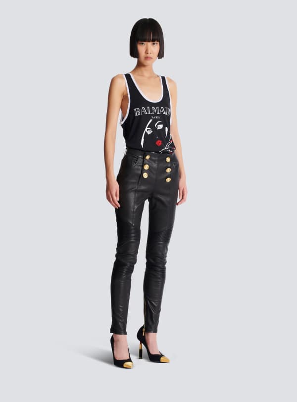Balmain Paris Pantalon Biker Slim En Cuir D'agneau Noir - Femme