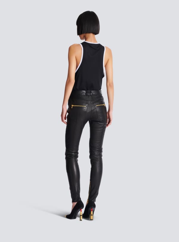 Balmain Paris Pantalon Biker Slim En Cuir D'agneau Noir - Femme