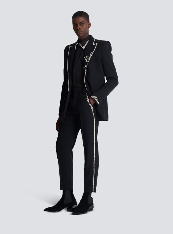 Balmain Paris Pantalon De Tailleur En Grain De Poudre Avec Broderie Noir - Homme