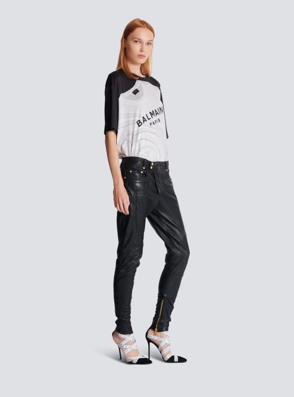 Balmain Paris Pantalon En Cuir D'agneau Surpiqué à Motif Diamond Noir - Femme