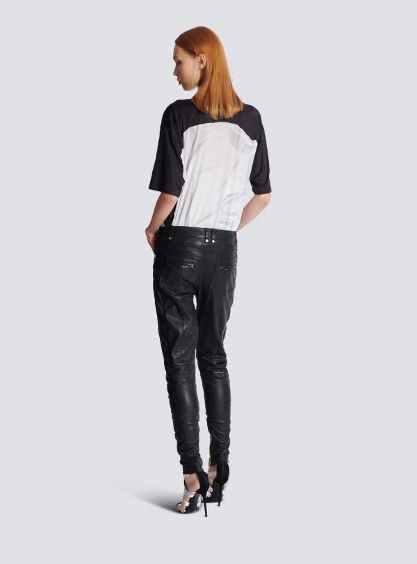 Balmain Paris Pantalon En Cuir D'agneau Surpiqué à Motif Diamond Noir - Femme