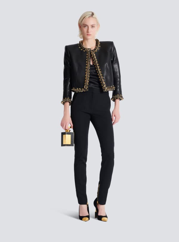 Balmain Paris Pantalon Slim Zippé En Grain De Poudre Noir - Femme
