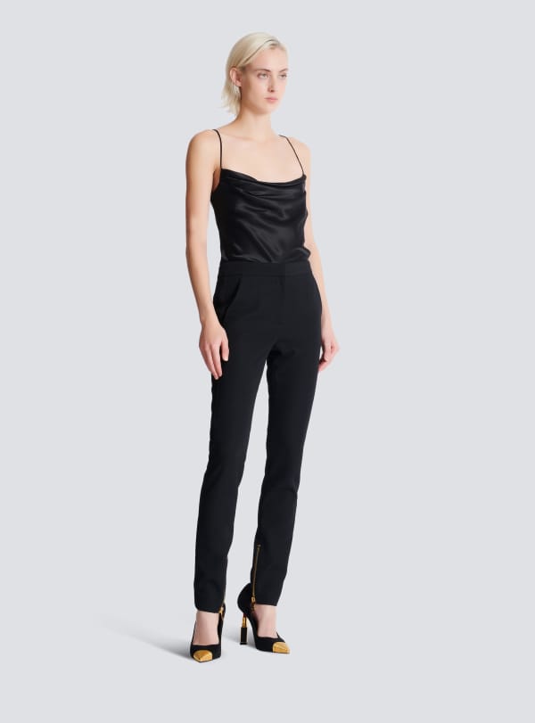 Balmain Paris Pantalon Slim Zippé En Grain De Poudre Noir - Femme