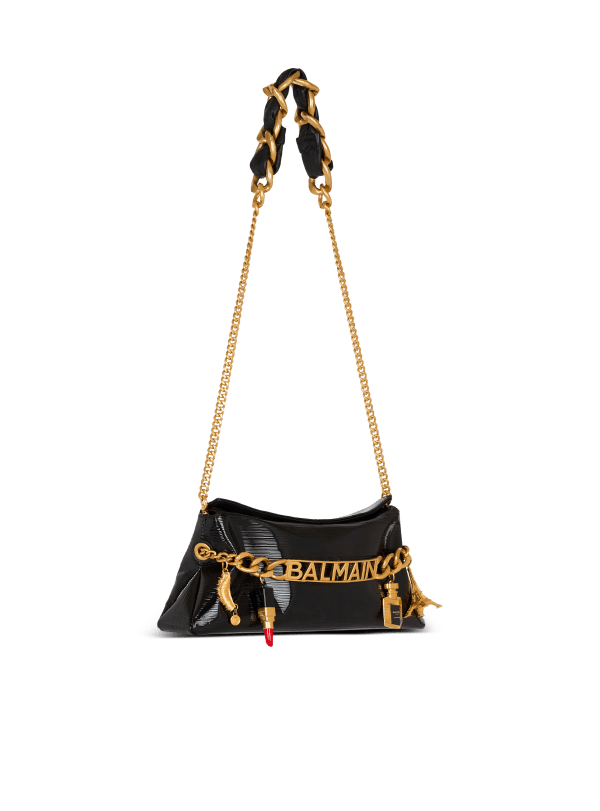 Balmain Paris Pochette 1945 Soft En Cuir Verni Strié Noir - Femme