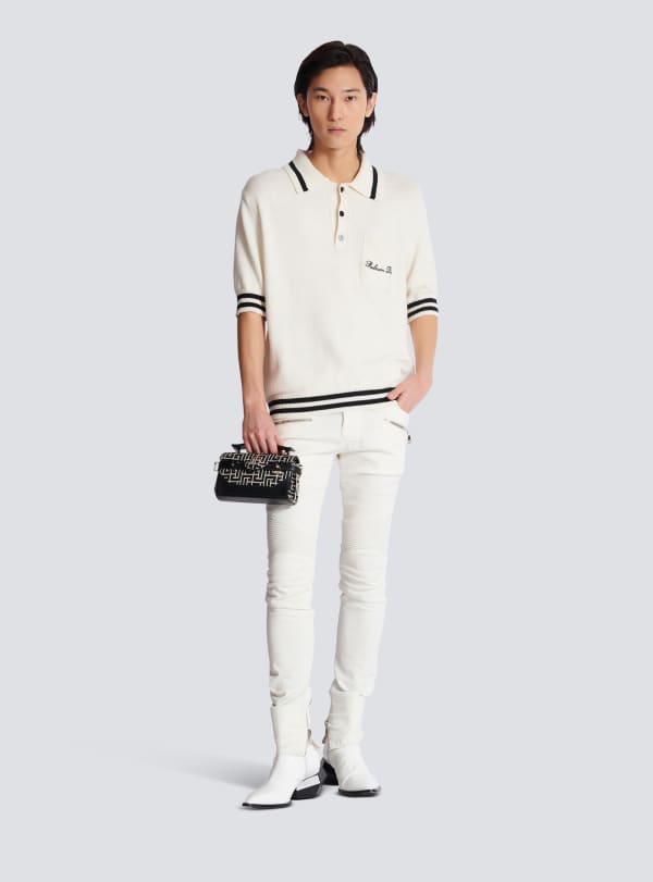 Balmain Paris Polo En Laine Avec Broderie Balmain Signature Blanc - Homme