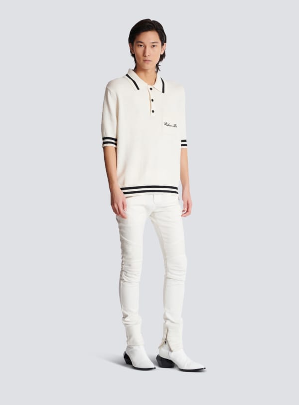 Balmain Paris Polo En Laine Avec Broderie Balmain Signature Blanc - Homme