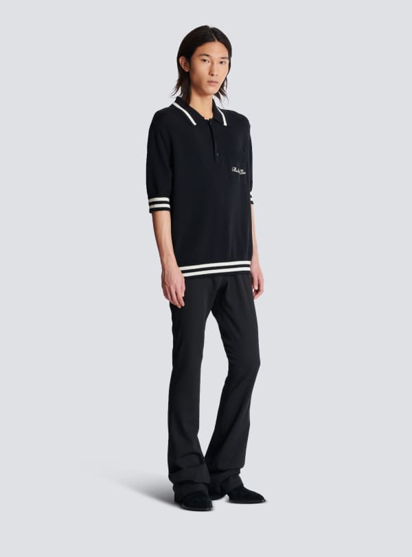 Balmain Paris Polo En Laine Avec Broderie Balmain Signature Noir - Homme