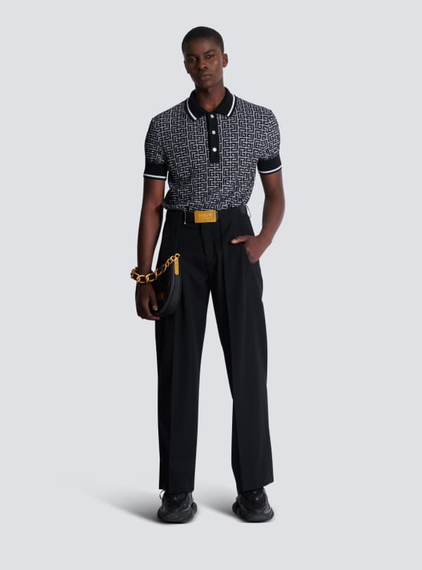 Balmain Paris Polo En Maille à Monogramme PB Labyrinthe Noir - Homme