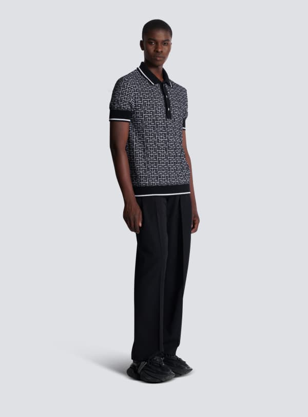 Balmain Paris Polo En Maille à Monogramme PB Labyrinthe Noir - Homme
