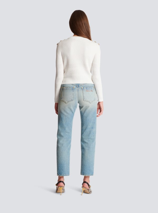 Balmain Paris Pull Balmain Signature En Maille Blanc - Femme