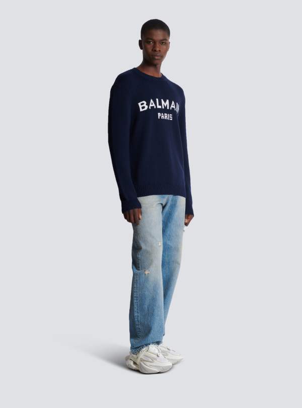 Balmain Paris Pull En Laine Balmain Paris Bleu Marine - Homme
