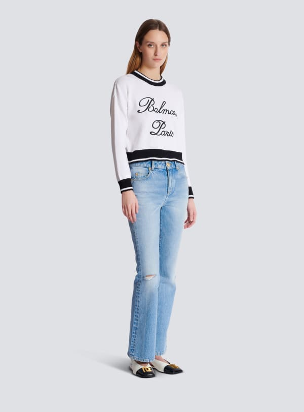 Balmain Paris Pull En Maille Balmain Signature Blanc - Femme