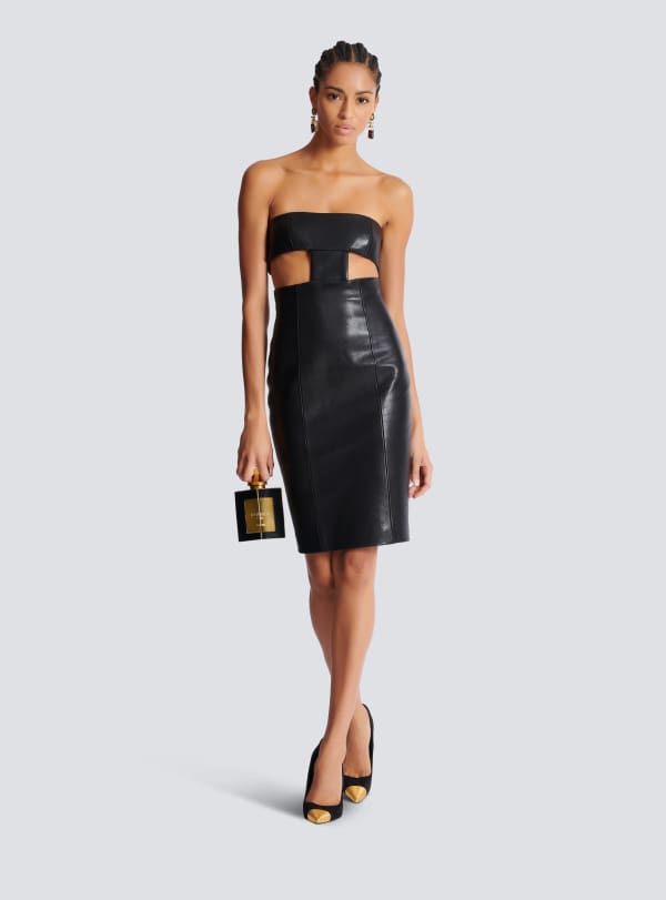Balmain Paris Robe Bustier En Cuir D'agneau Noir - Femme