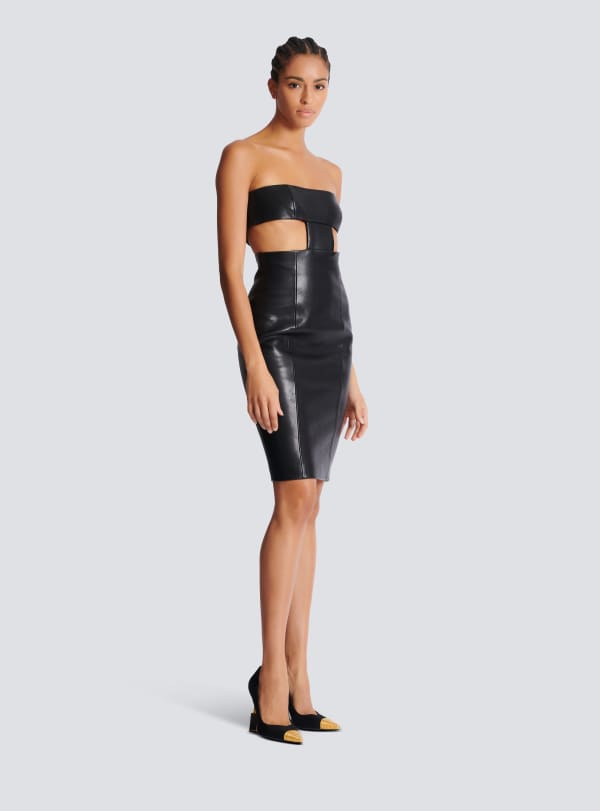 Balmain Paris Robe Bustier En Cuir D'agneau Noir - Femme