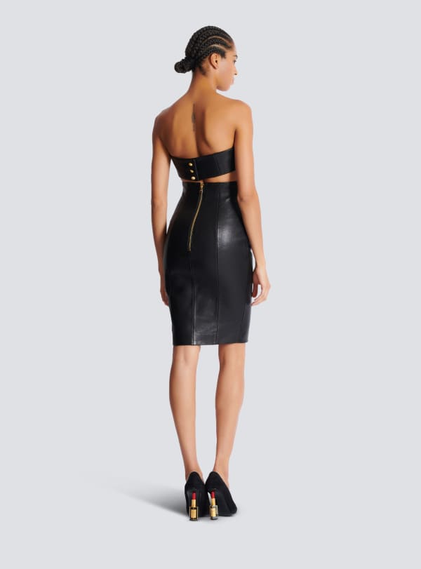 Balmain Paris Robe Bustier En Cuir D'agneau Noir - Femme