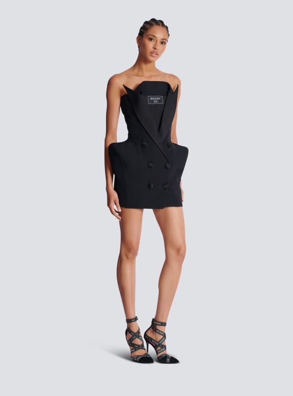 Balmain Paris Robe Bustier En Grain De Poudre à Basques Noir - Femme