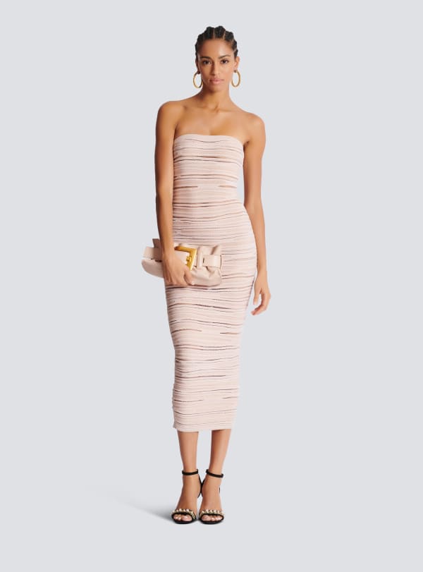 Balmain Paris Robe Bustier En Maille Roulottée Brillante Beige - Femme