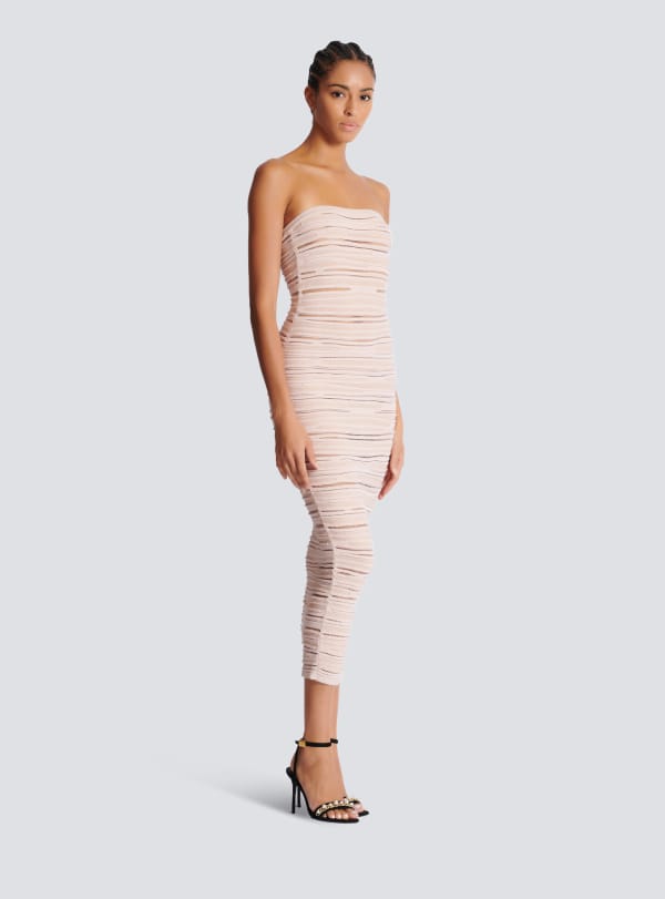 Balmain Paris Robe Bustier En Maille Roulottée Brillante Beige - Femme