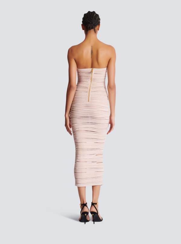 Balmain Paris Robe Bustier En Maille Roulottée Brillante Beige - Femme