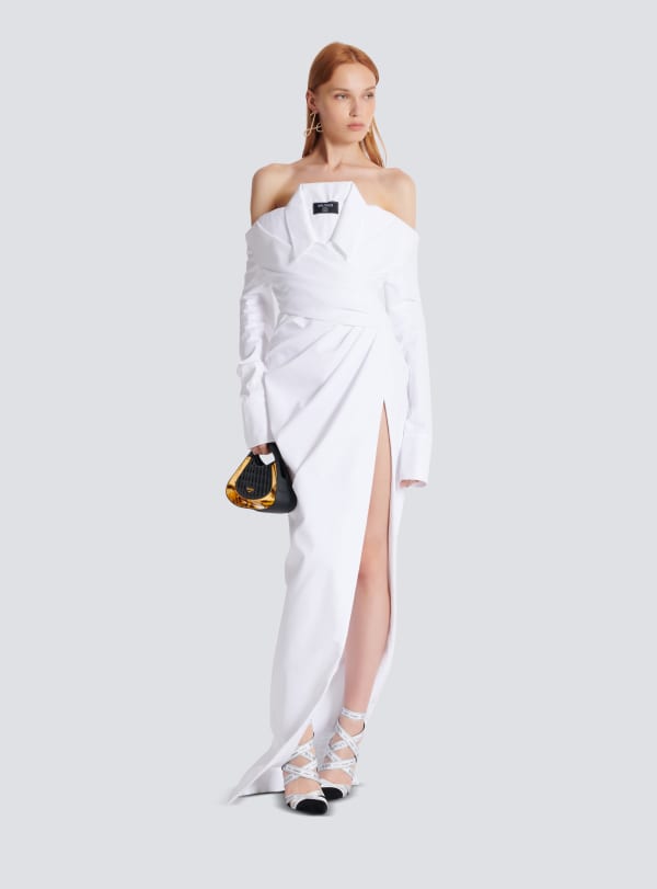 Balmain Paris Robe Bustier Longue à Manches Longues En Popeline Blanc - Femme