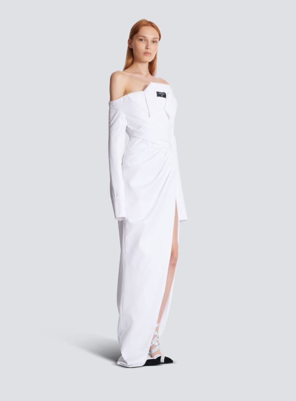 Balmain Paris Robe Bustier Longue à Manches Longues En Popeline Blanc - Femme