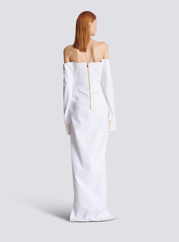 Balmain Paris Robe Bustier Longue à Manches Longues En Popeline Blanc - Femme