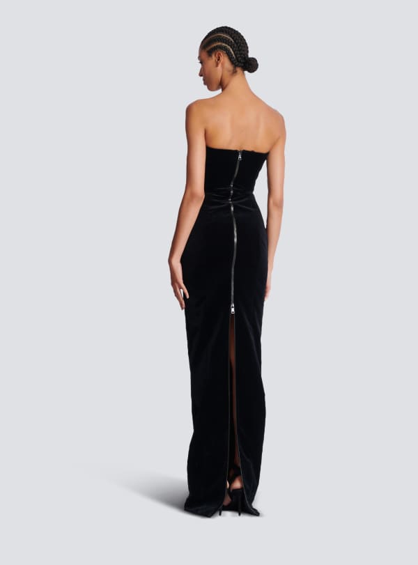 Balmain Paris Robe Bustier Longue En Velours Brodé Noir - Femme