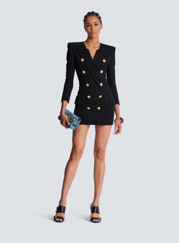 Balmain Paris Robe Courte Boutonnée En Crêpe Avec Col En V Noir - Femme