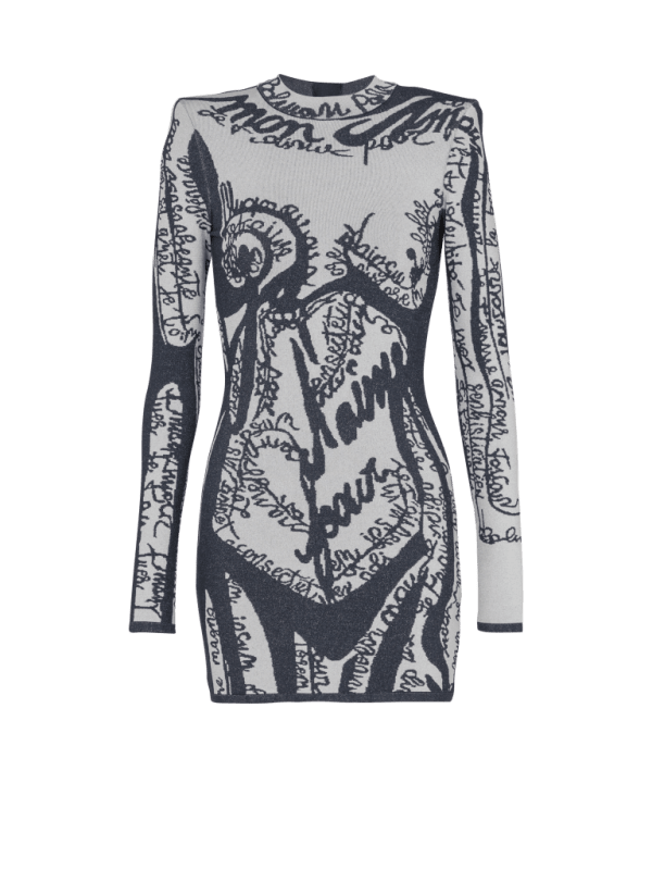 balmain paris Robe courte brodée motif corps bleu marine - Femme