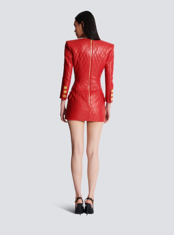 Balmain Paris Robe Courte En Cuir Surpiqué Rouge - Femme