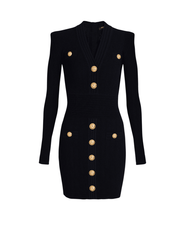 balmain paris Robe courte en maille à boutons dorés noir - Femme